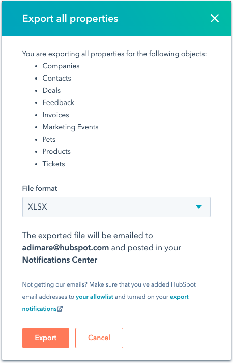 a dialog box with a list of objects is shown. File format is XLSX. The file will be emailed to the user. Two buttons at the bottom "export" and "cancel" are visible.