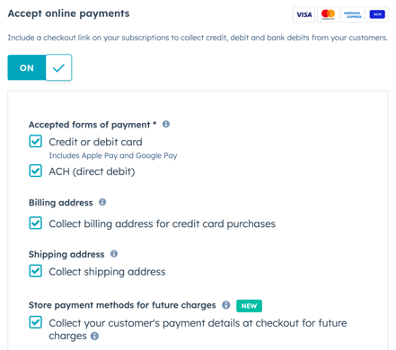 Screenshot of the HubSpot subscription creation settings, highlighting the 'Accept online payments' section.