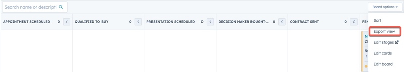 Screenshot of HubSpot deal sales pipeline, showing columns for different stages like "Appointment Scheduled," "Qualified to Buy," etc., with a dropdown menu labeled "Board options" expanded, highlighting the "Export view" option