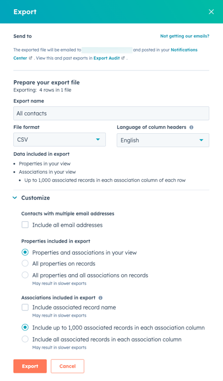 Screenshot of an "Export" dialog box with options to send the export via email, prepare the export file with details like export name and file format, customize the export with options for multiple email addresses, properties, and associations, and buttons to "Export" or "Cancel
