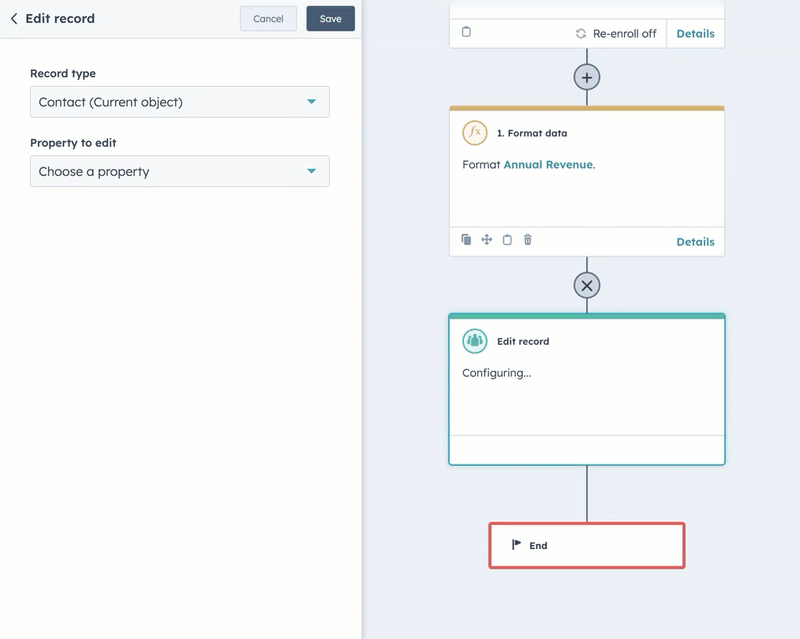 GIF illustrating HubSpot workflow edit record action for formatting data using Operations Hub Professional or Enterprise tools