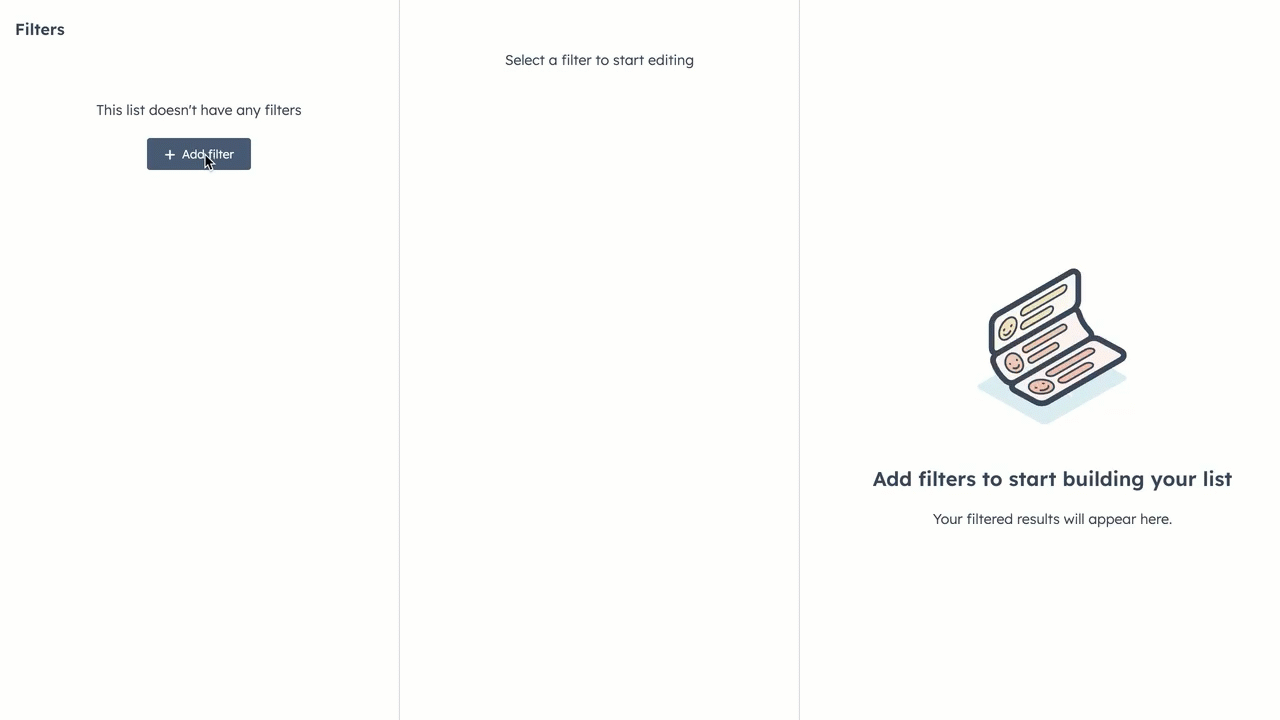 GIF illustrating the process of creating a contact-based list in HubSpot, filtered by marketing events with a specific marketing event name