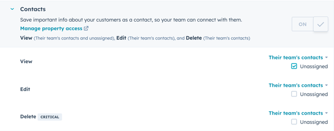 Permisos de CRM de HubSpot para el objeto 'Contactos', ampliados para mostrar los menús desplegables y los botones Ver, Editar, Crear y Eliminar.