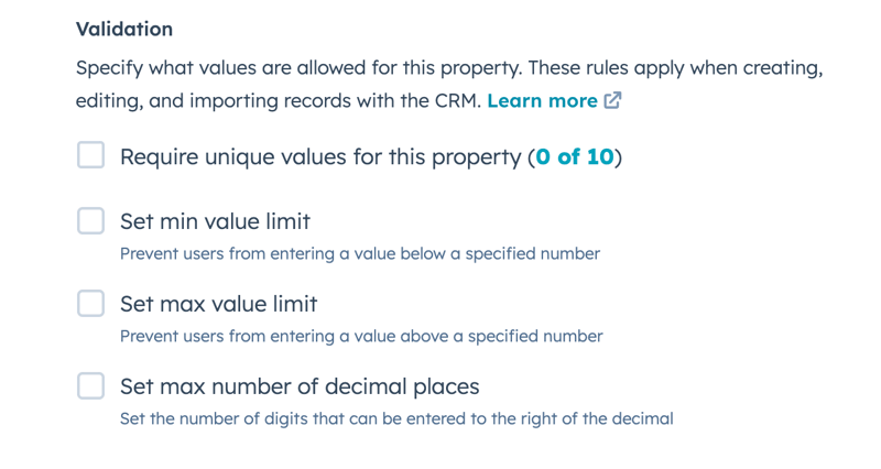 Validation settings for number properties showing options for unique values, min/max limits, and decimal places