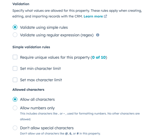 Text validation settings for single and multi line text properties showing options for simple rules and regex, character limits, and allowed characters