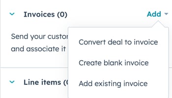 A screenshot of the Add Invoice options in the Invoice section of a deal record.