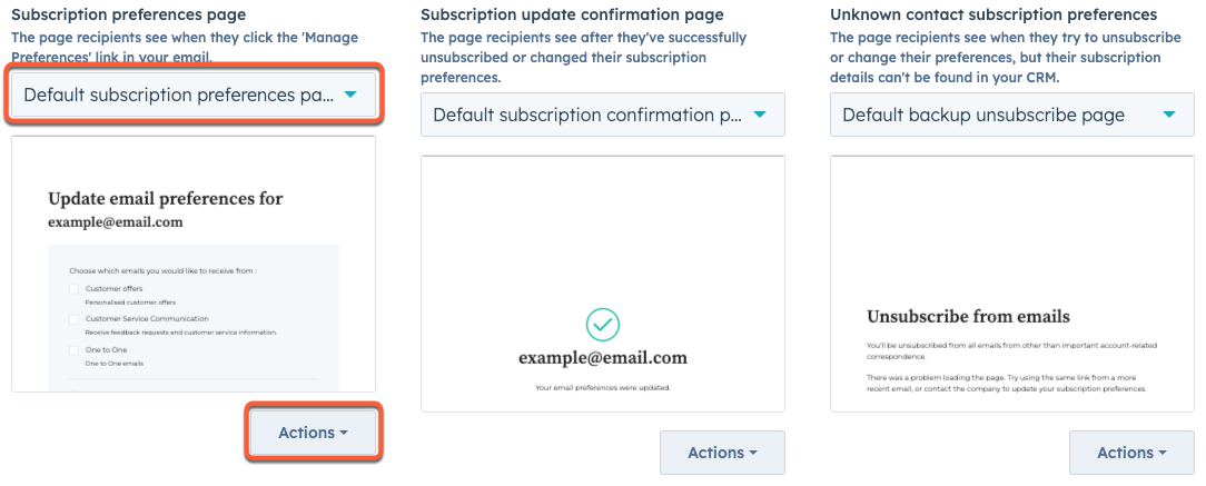 Image of subscription preferences pages, with the dropout menu for select a page & the Actions menu higlighted