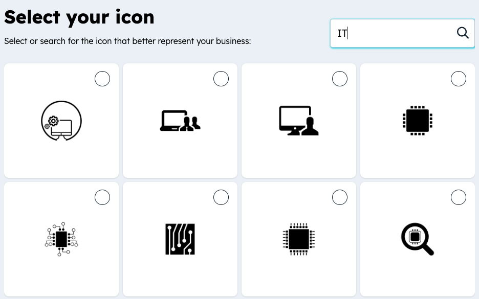 Icon selection screen with options for IT businesses